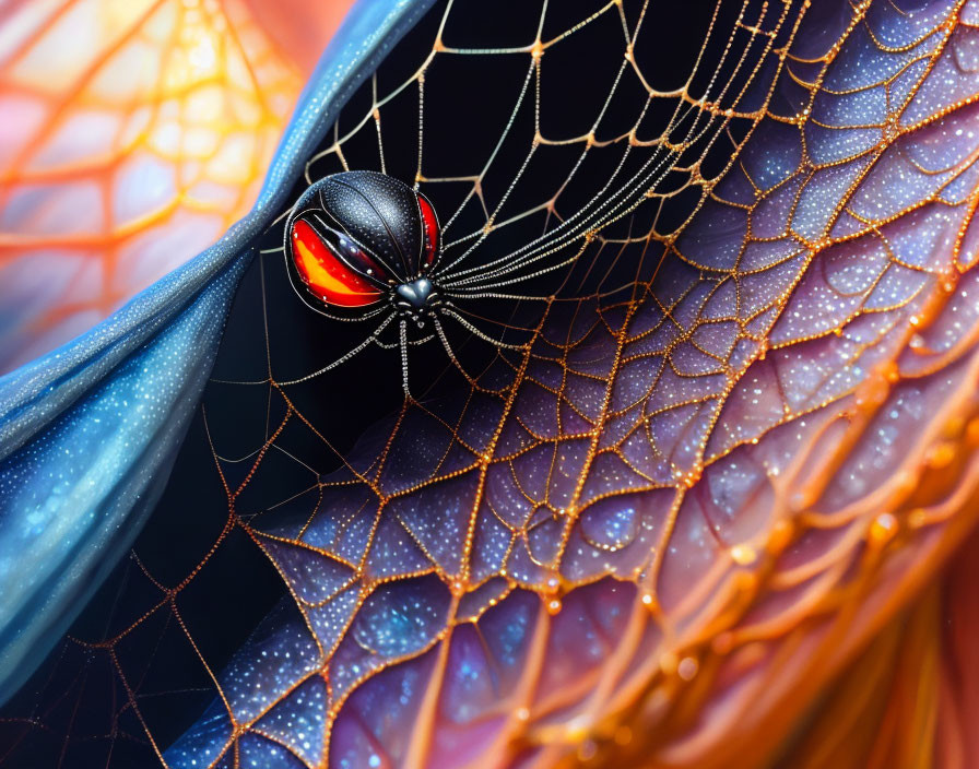 Stylized black spider on colorful leaf-like structures with gradient