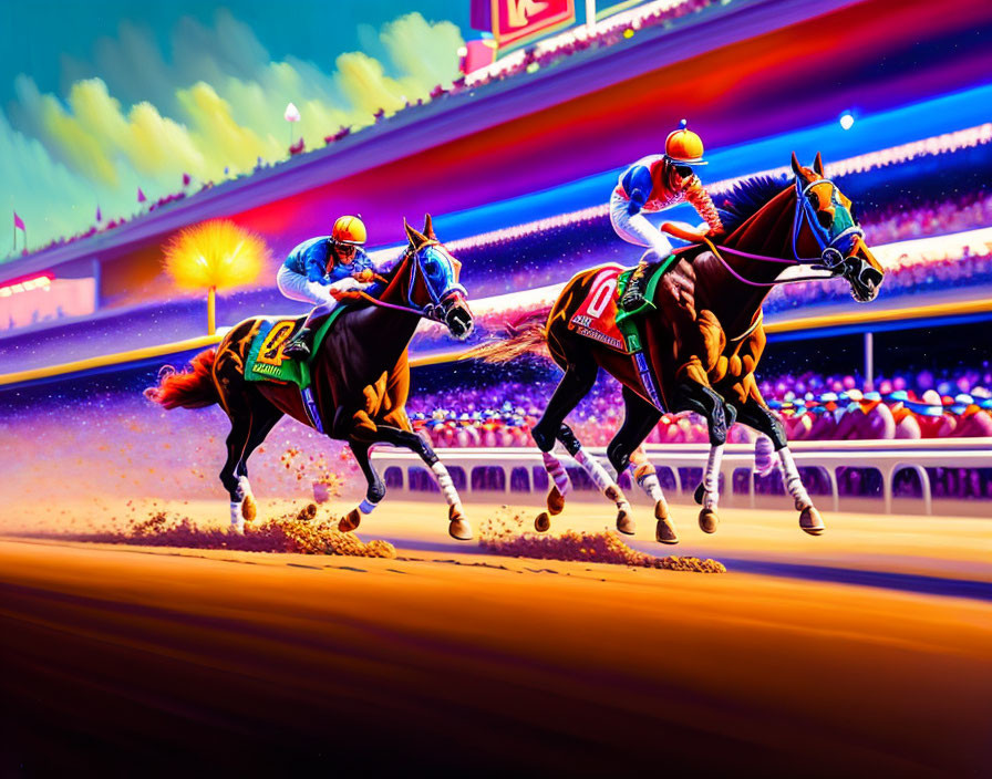 Racehorses and jockeys on track with vibrant lighting and spectators