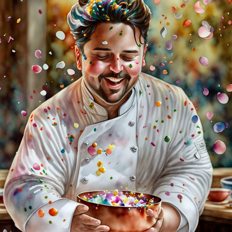 Joyful chef in white coat surrounded by colorful confetti, holding bowl