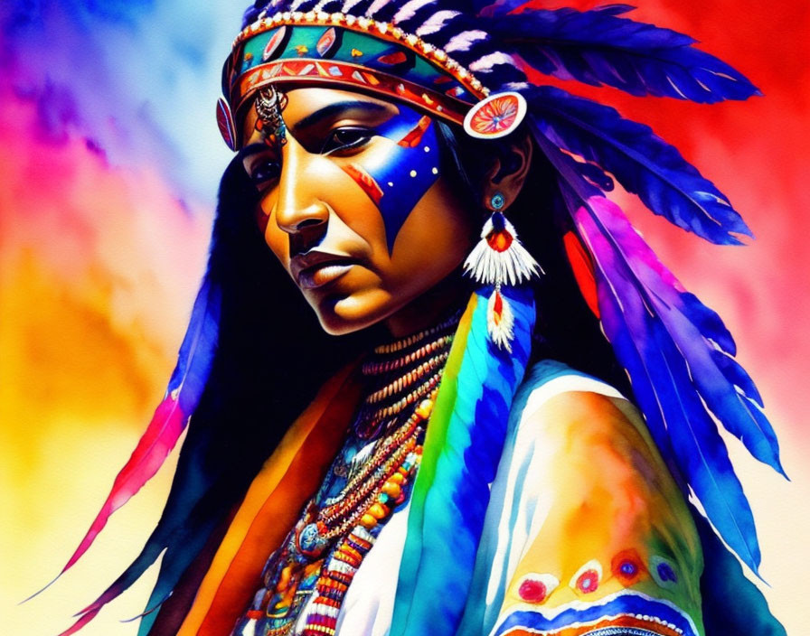 Vibrant Indigenous American attire painting with detailed headdress