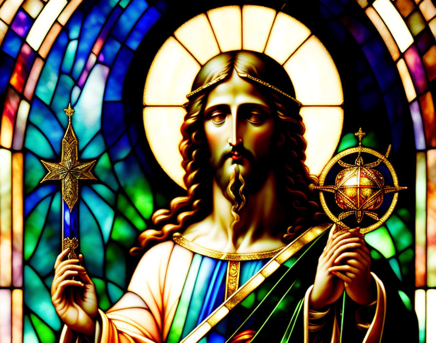 Colorful stained glass artwork of figure with long hair, scepter, and navigational instrument in glowing