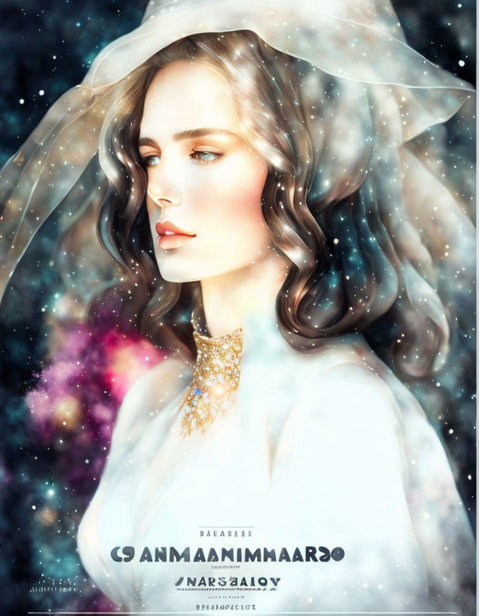 Woman with Flowing Brown Hair and Translucent Veil in Cosmic Setting