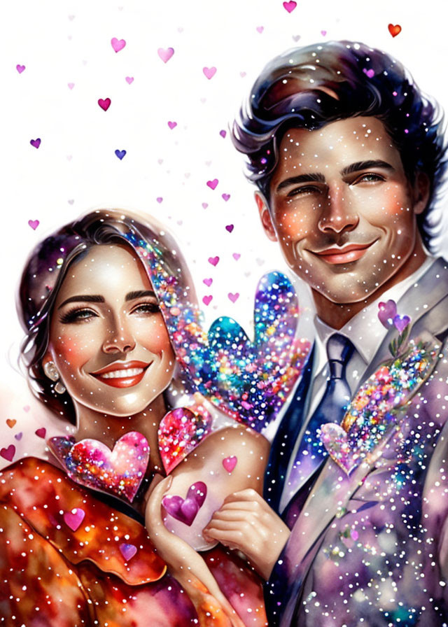 Colorful Sparkles & Hearts: Digital Artwork of Smiling Couple