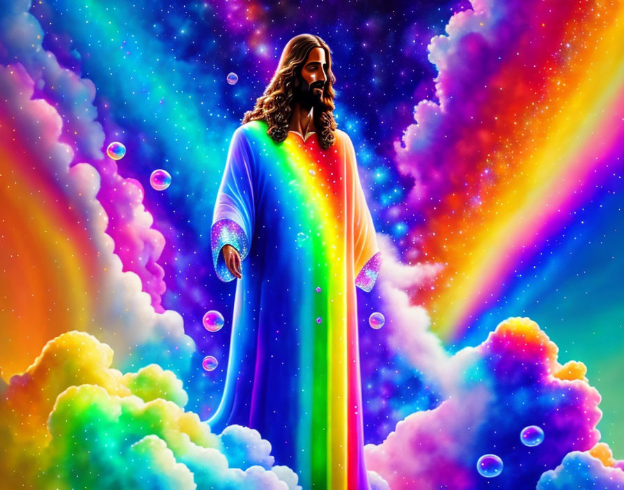 Colorful artwork of figure in robe with long hair amid clouds, rainbow, and bubbles