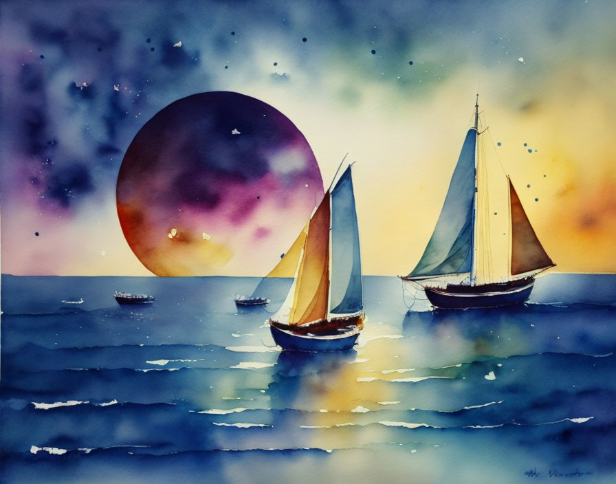 Sailboats on tranquil sea at dusk with purple and orange sun setting reflected on water under starry