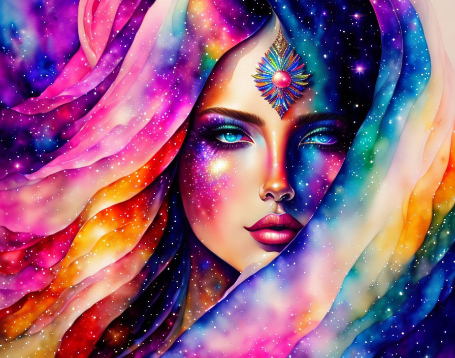 Colorful cosmic-themed makeup on woman with galaxy hair pattern