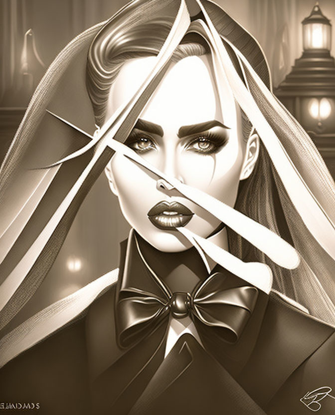 Monochrome illustration of a person with dramatic makeup and veil against ornate background.