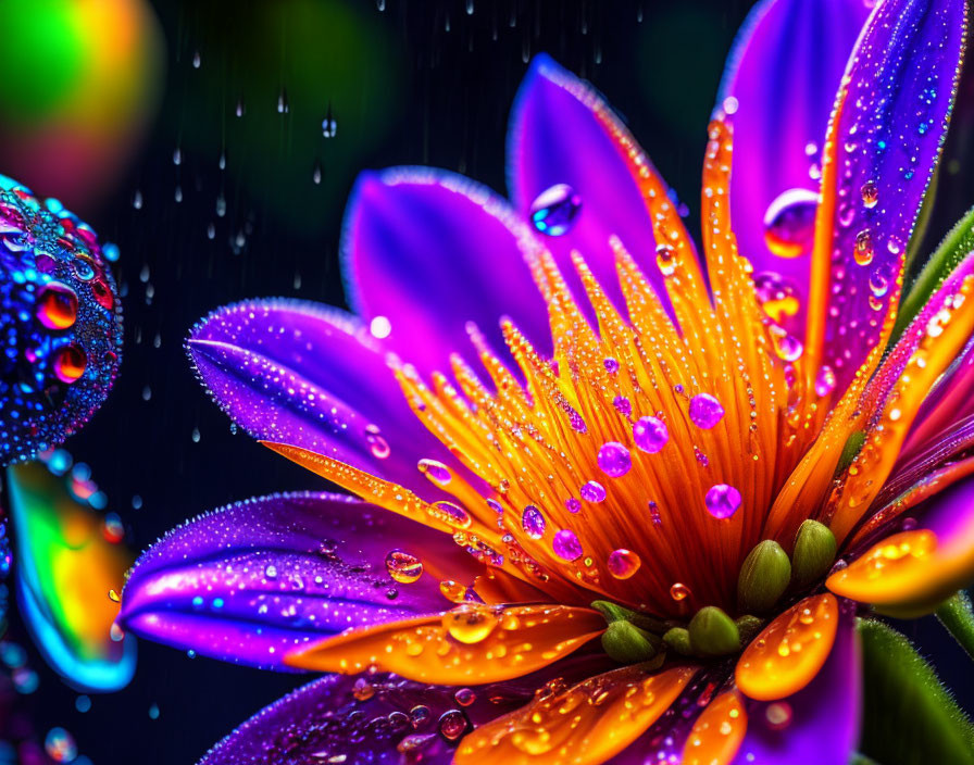 Colorful flower with water droplets on dark background: vivid contrast and delicate petals.