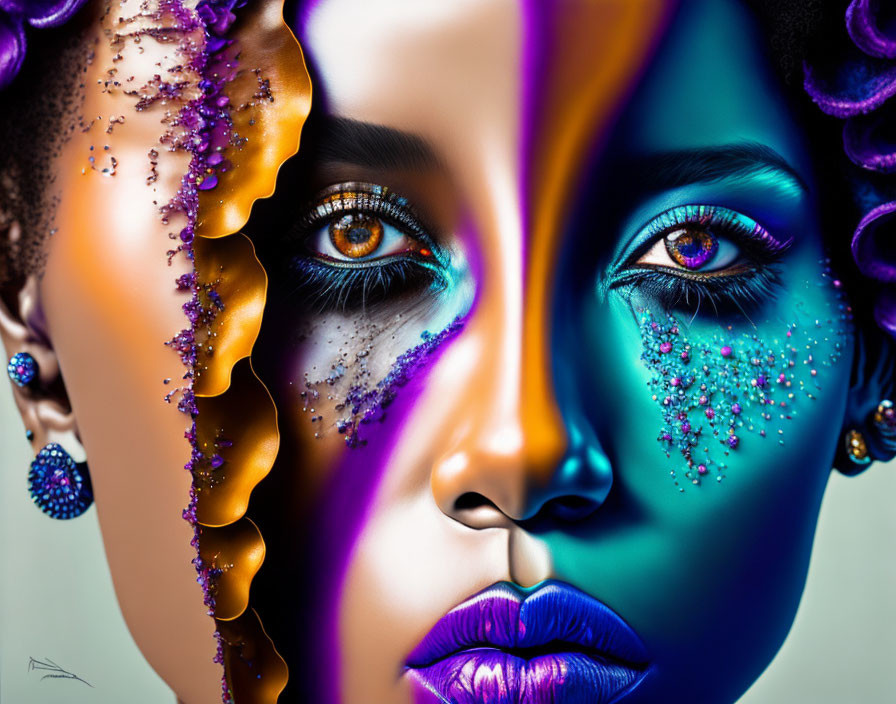 Colorful split-face artwork with glitter, bold blue and purple hues, and intricate makeup