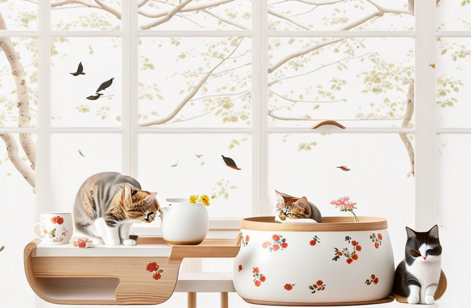 Three Cats on Modern Furniture with Tree and Bird Decals on Window