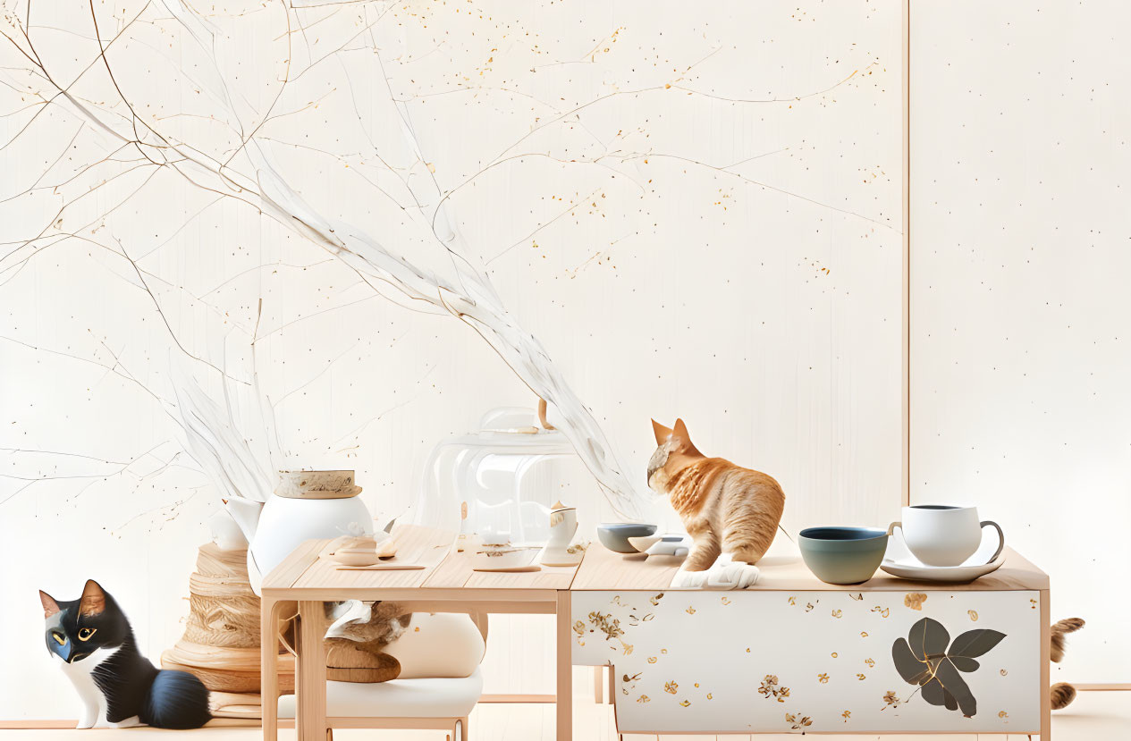 Tranquil interior with two cats on wooden table and teacups, vase with branches, cream