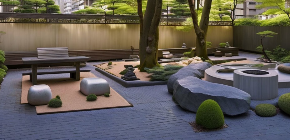 Minimalistic Zen garden with shaped stones, trimmed plants, and wooden fence