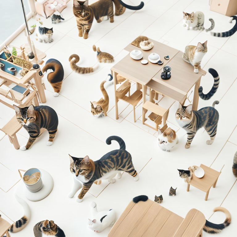 Various Cats in Room with Modern Furniture and Toys