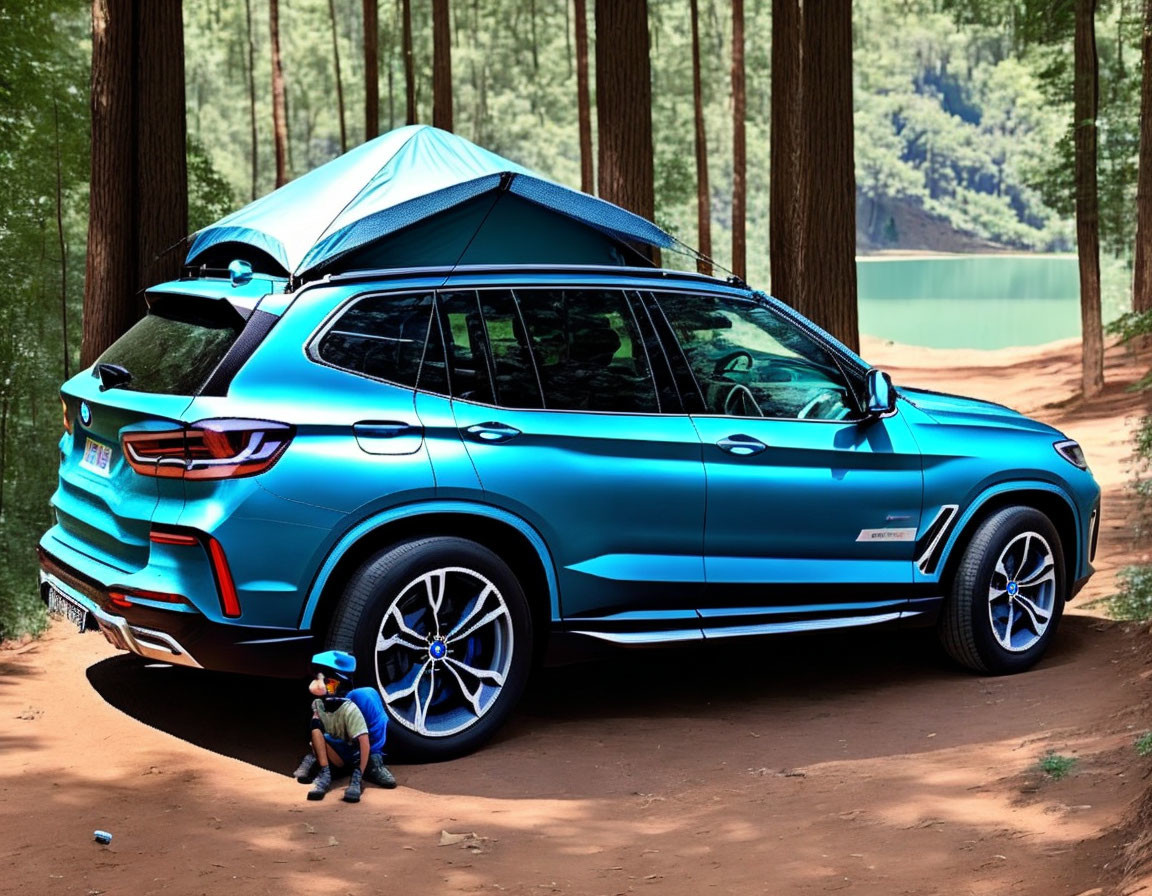 Blue BMW SUV with Rooftop Tent Parked in Forest by Lake with Person Sitting Nearby