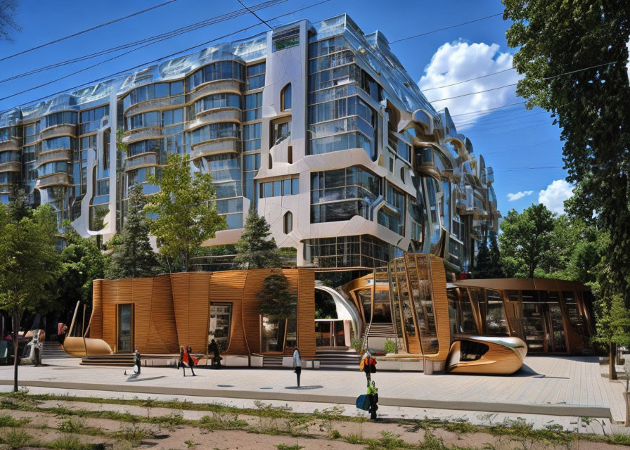 Modern architectural building with curving lines and glass balconies in green surroundings.