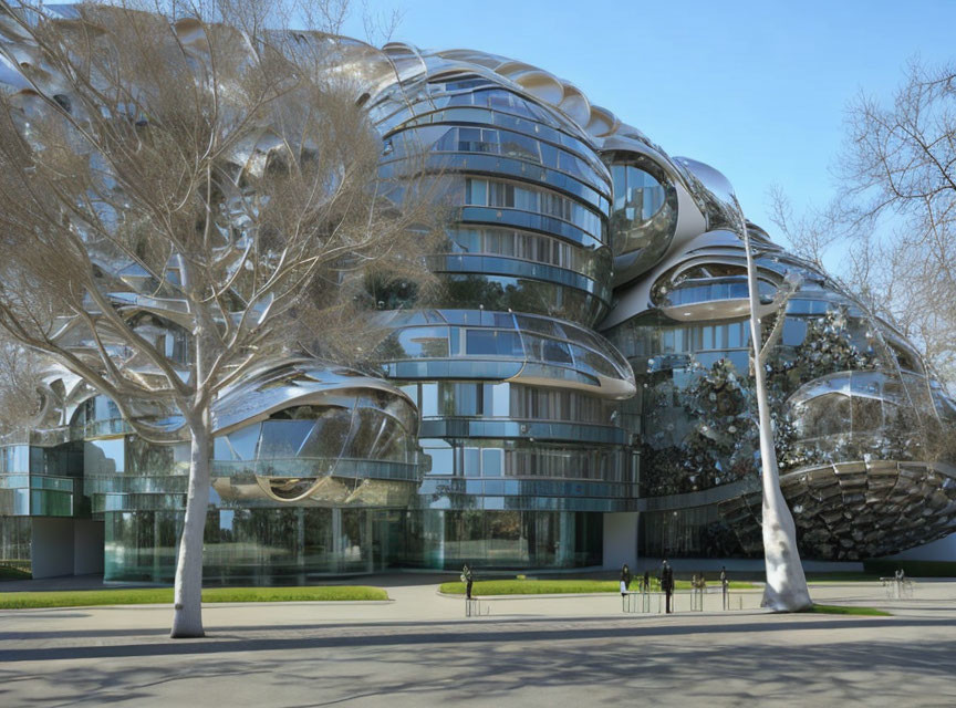 Organic bubble-like glass building with people and trees