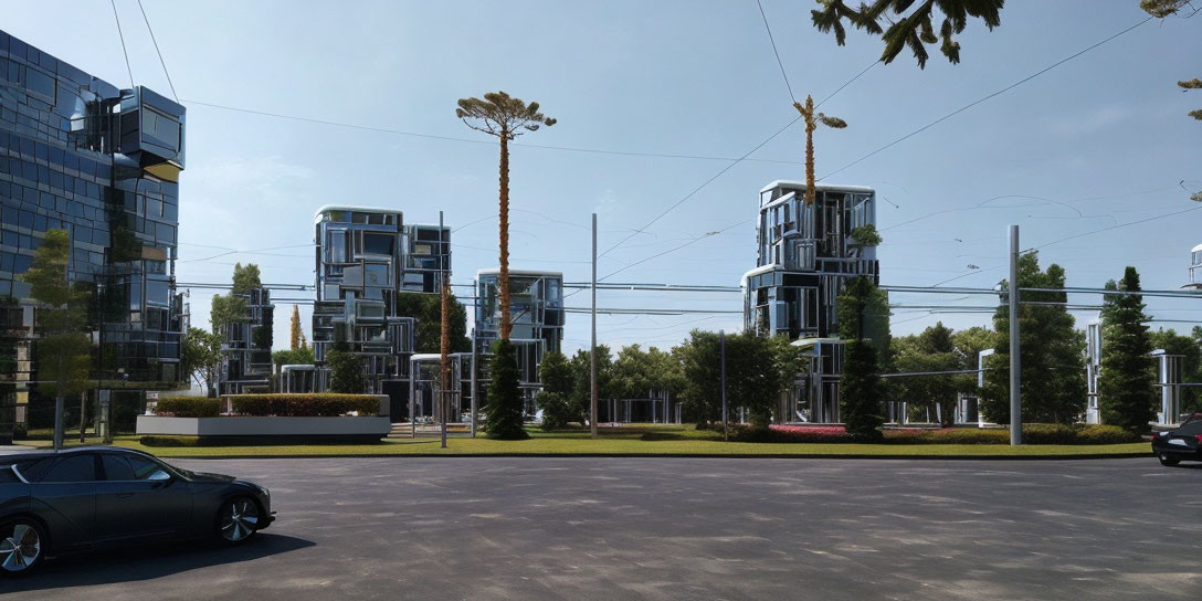 Glass facade buildings surrounded by green trees and a car, under clear sky.