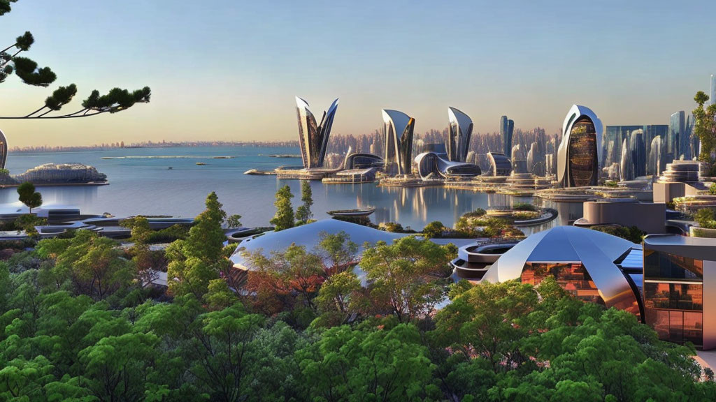 Innovative waterfront cityscape with lush greenery and petal-like high-rise buildings