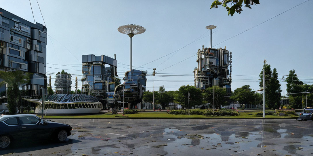 Modern streetscape with cylindrical buildings and unique architecture.