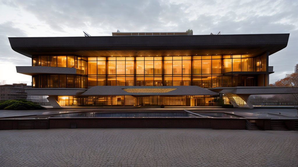 Modern building with illuminated terraces under twilight sky