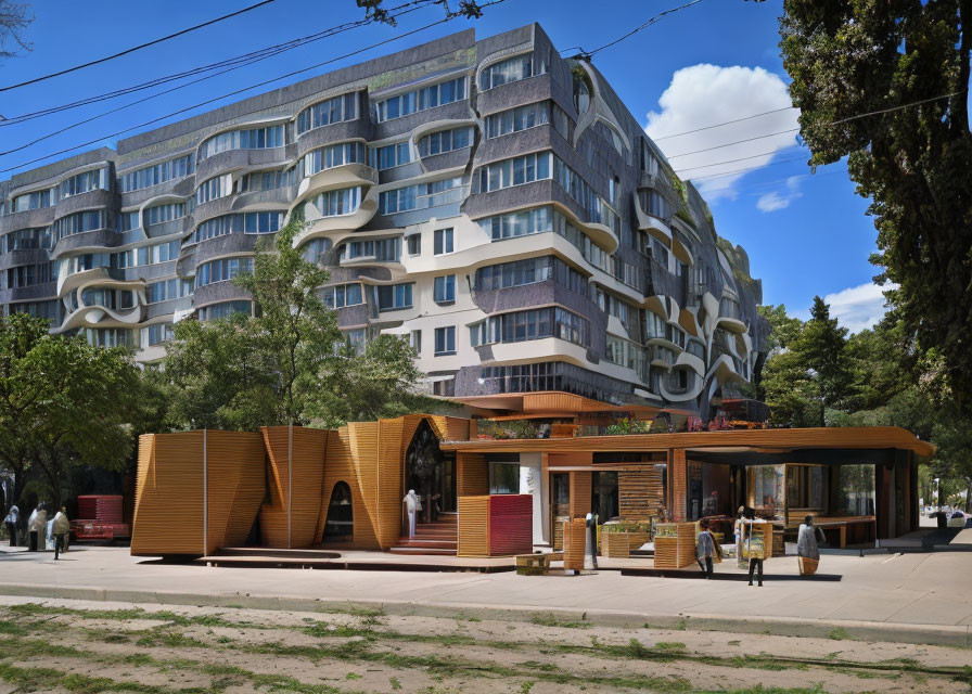 Architectural design: Contemporary building with wavy balconies next to wooden tram stop under sunny sky