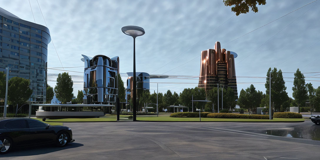 Futuristic cityscape with modern buildings and parked car