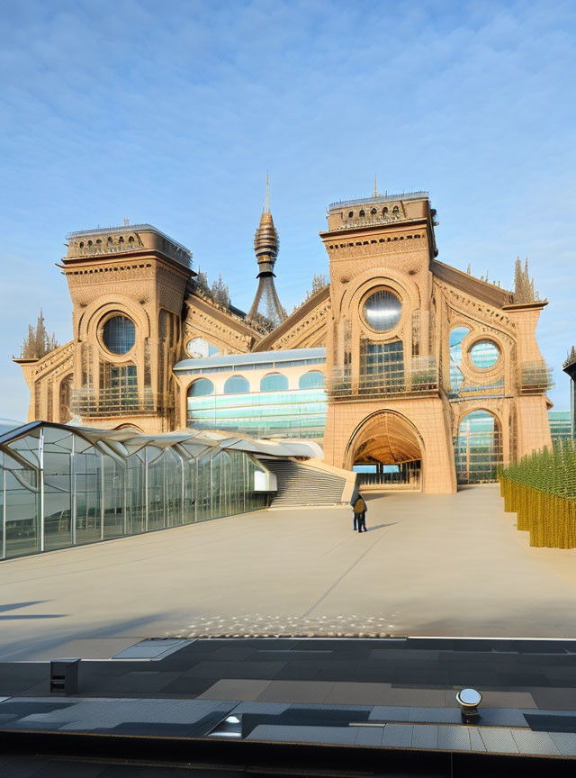 Unique ornate building with modern glass extension under blue sky