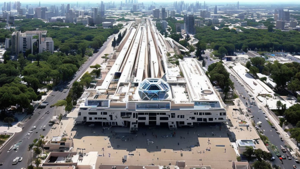 Modern railway station with multiple tracks in a cityscape surrounded by greenery