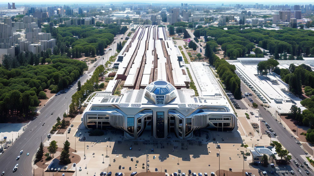 Modern Train Station with Multiple Tracks and Platforms