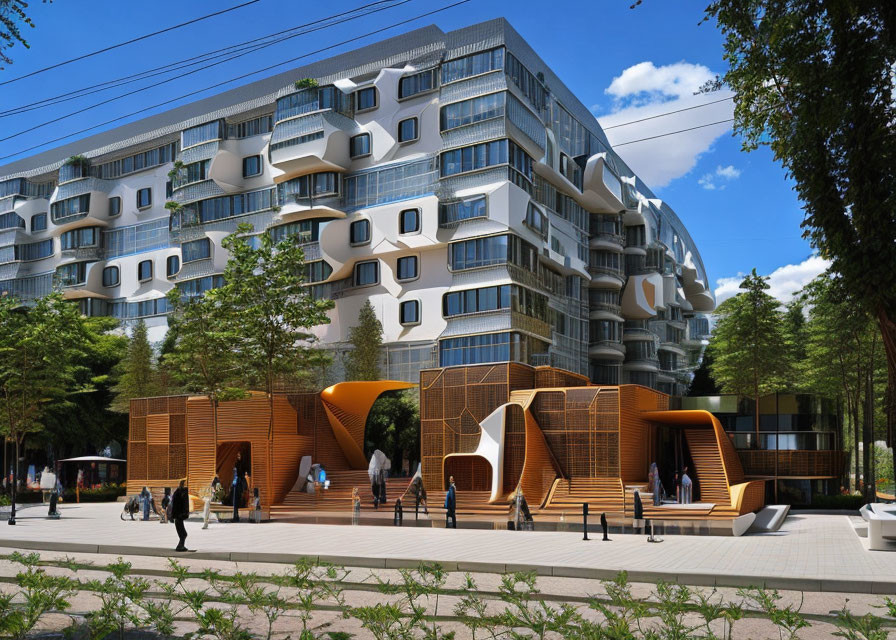 Unique wavy design and wooden arches in modern apartment complex surrounded by trees