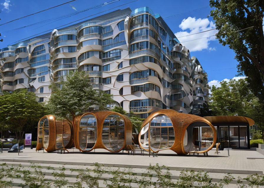 Curved balconies on modern multi-story building with unique cylindrical wood-framed structures.