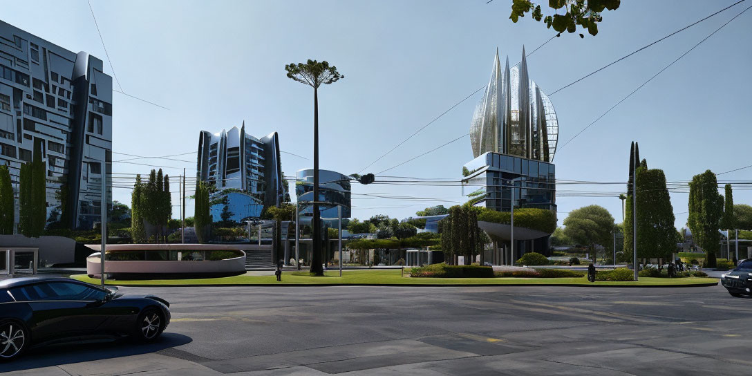 Futuristic cityscape with greenery, blue sky, and black car