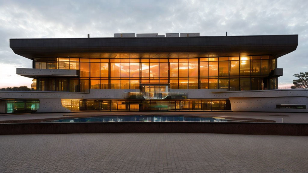 Contemporary building with large glass windows, flat roof, and sunset reflection, set against dusk sky and