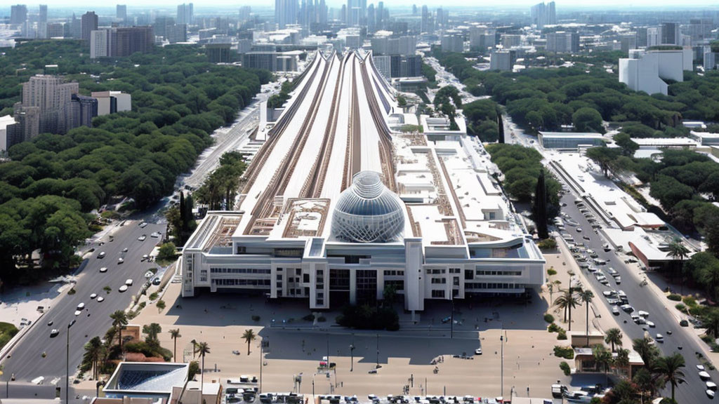 Modern Train Station with Distinctive Dome and Multiple Tracks