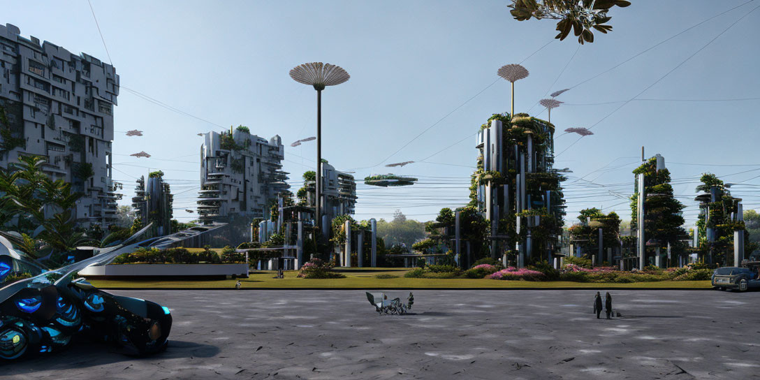 Futuristic Cityscape with Vertical Gardens and Flying Vehicles