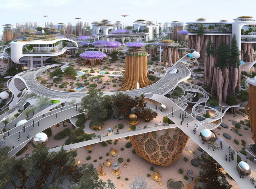 Futuristic cityscape with elevated walkways and tree-like structures