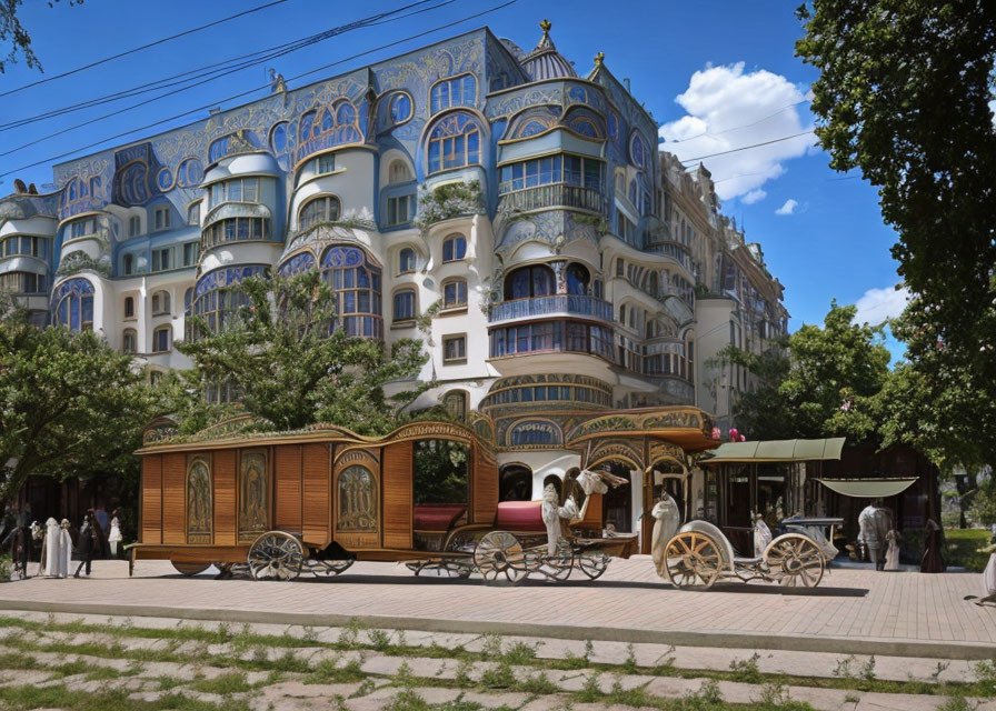 Historic building with blue patterns and balconies beside vintage tramcar and pedestrians under clear sky