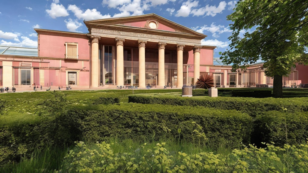 Neoclassical building with columns and pediment in nature scene