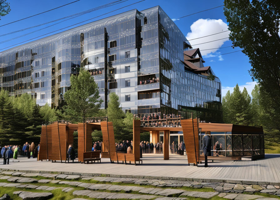 Glass facade multi-story building in green setting with wooden terrace.