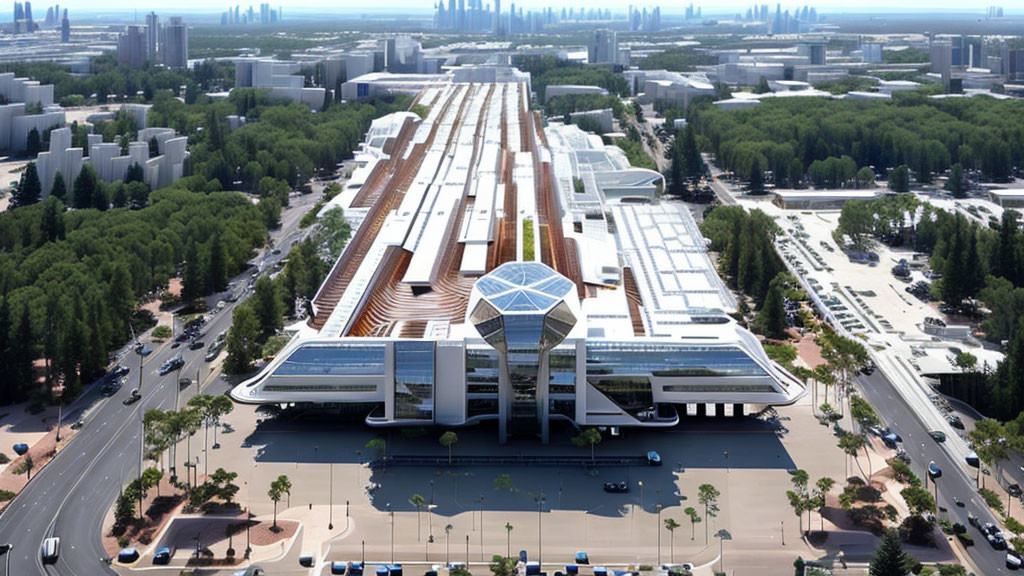 Modern train station with diamond-shaped roof, rail tracks, trees, and parking lots