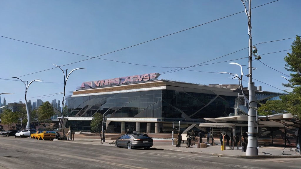 City street with cars, building with reflective glass facade, and "NBAF" text under blue