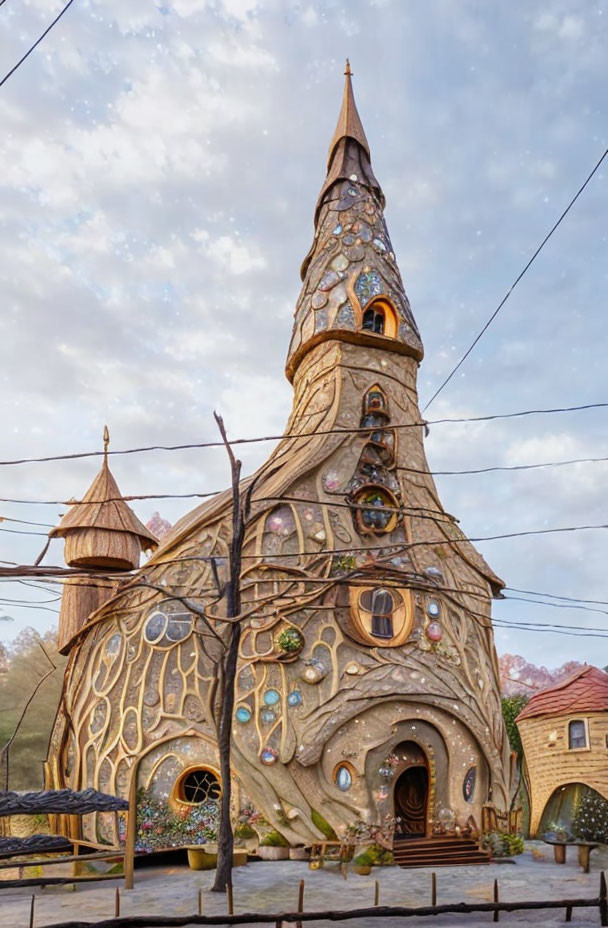 Whimsical tall fairy-tale house with stained glass windows