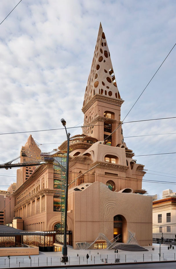 Unique Urban Building with Conical Tower and Circular Openings