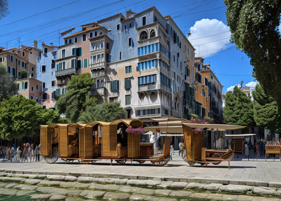 Historic buildings and people at wooden canal booths.