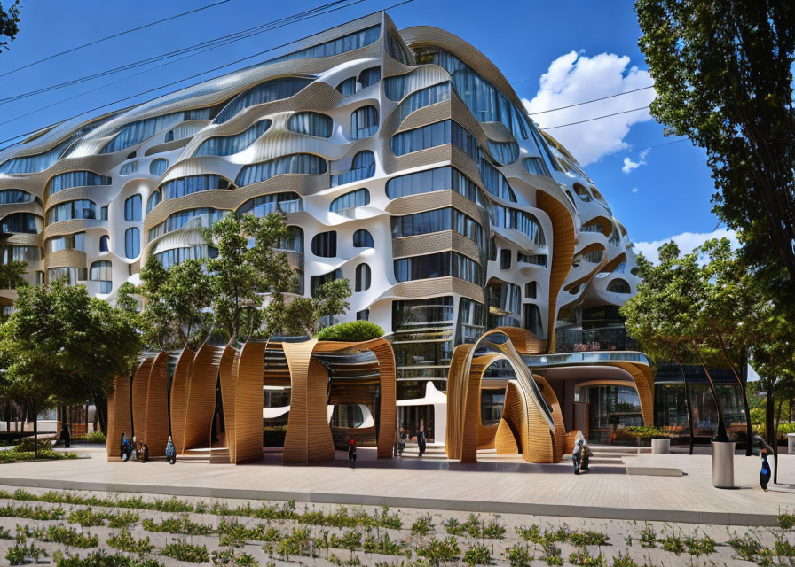 Architectural marvel: Modern building with wavy design and wooden arches, pedestrians on sunny street