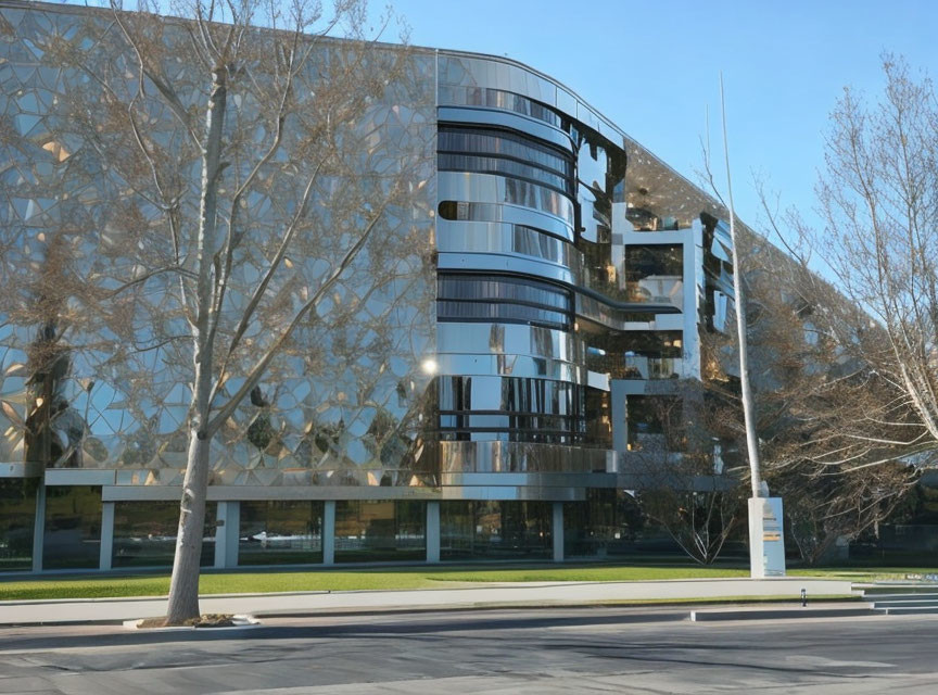 Curved office building with glass facade and balconies, set against clear blue sky and bare trees.