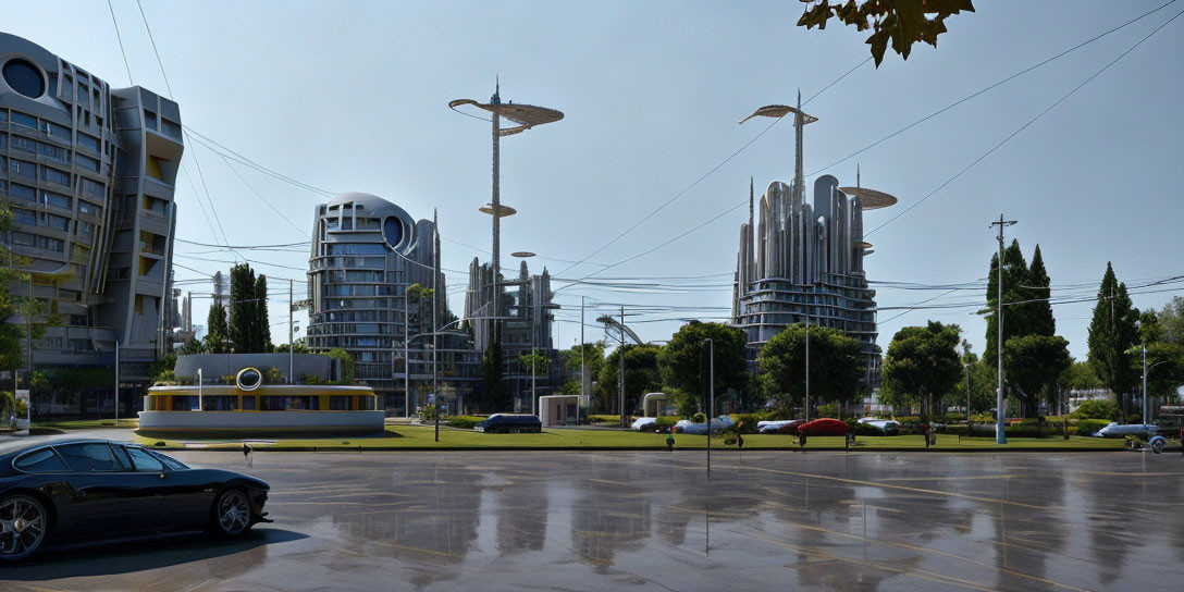 Modern urban street scene with tram and buildings under blue sky