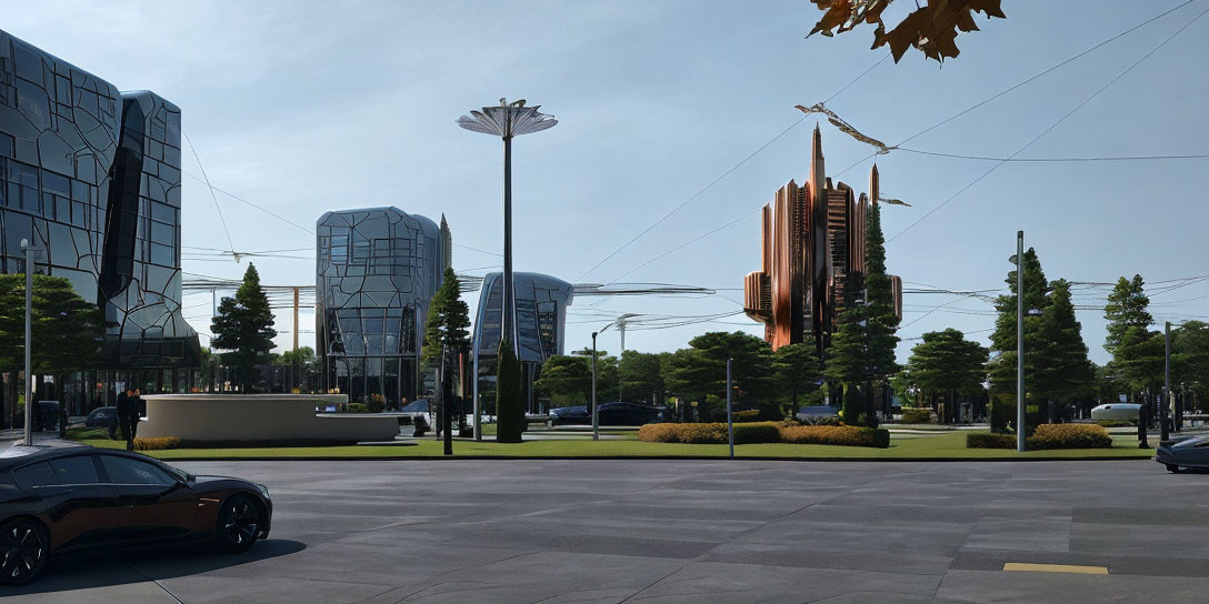 Modern urban landscape with buildings, crane, trees, car, and flower-shaped streetlamp.