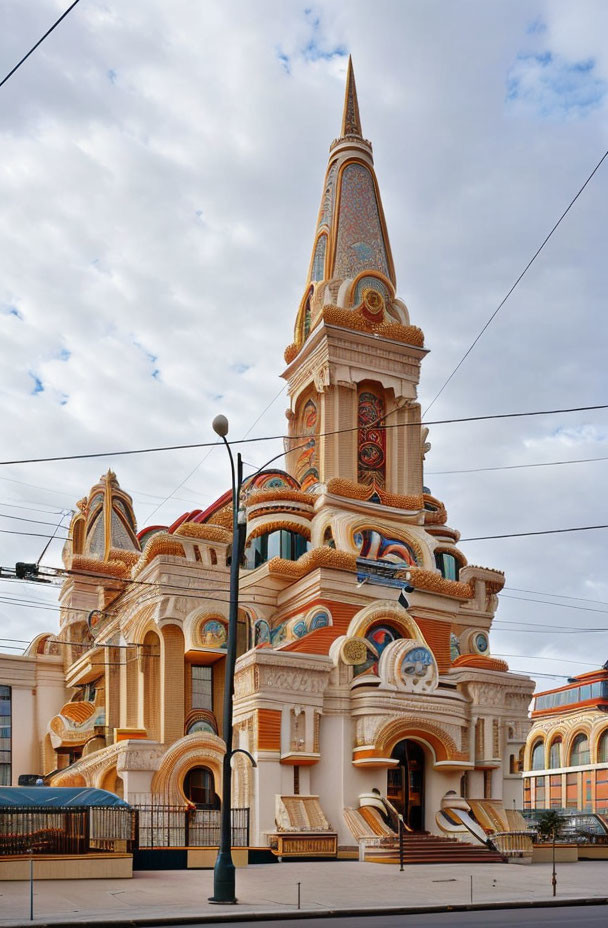 Multicolored ornate building with tall spire and arched windows