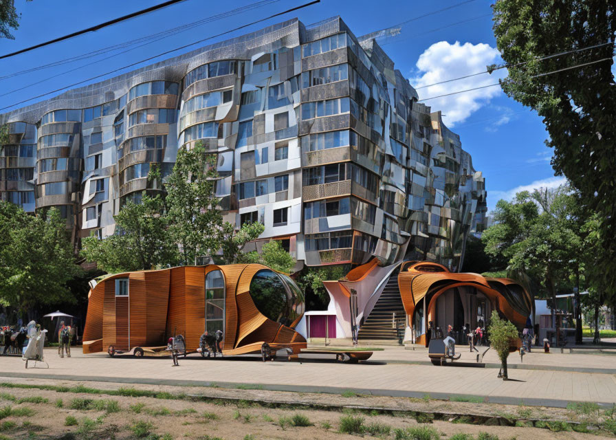 Wavy modern building with wooden elements in green setting